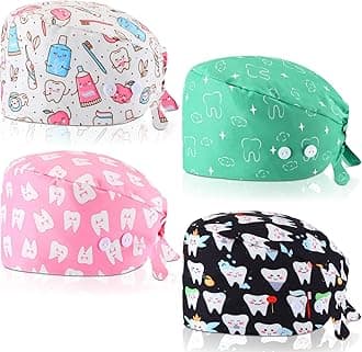 Unittype 4 Pcs Nurse Caps for Women Nursing Working Caps with Button and Sweatband Adjustable Elastic Scrub Hats for Dentist