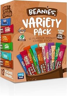 Beanies Mixed Flavoured Instant Coffee 12 Sachets with 12 Different Flavours in a variety pack, Freeze-Dried Granules, Premium Taste, Nut-Free, Rich in Flavour, Low-Calorie, Gluten-Free, Vegan