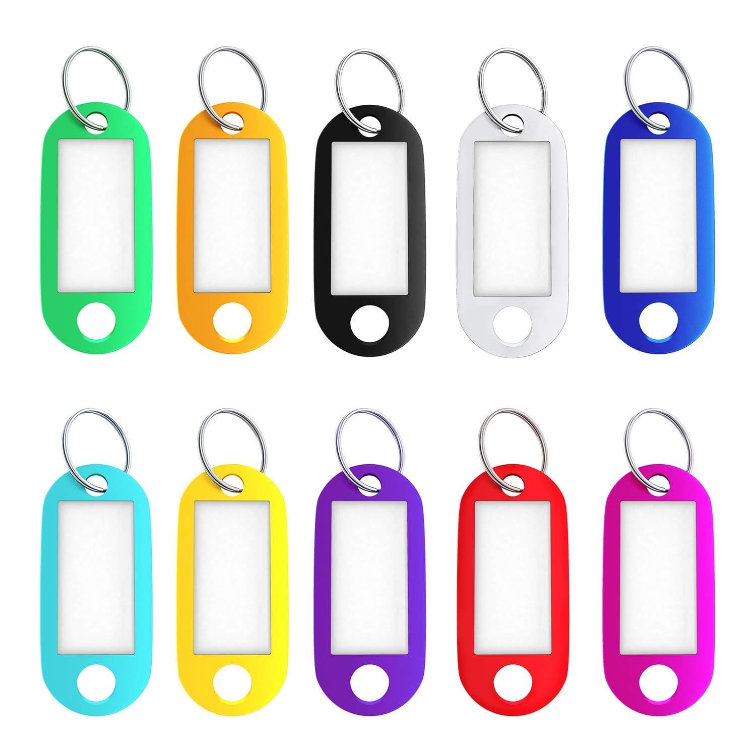Key Tags, 50 Pack Tough Plastic ID Labels Keyring Keychain with Split Ring and White Label - 10 Assorted Colors