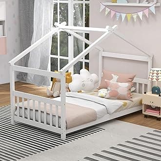 KOMFOTT Twin Wood House Bed for Kids, Low Profile Floor Bed Frame with Roof, Headboard & Footboard, Tent Bed for Toddlers, Boys & Girls, Wood Montessori Bed, No Box Spring Needed (White)