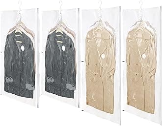 Esoes 4 PCS Hanging Vacuum Storage Bags Waterproof Sealable Closet Organizer Bag with Zip Reusable Space Saver Bags for Coats, Clothes, Compress Mattress By 80%, No Vacuum Pump (105X70m、135x70cm)