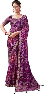 SAMAH Women's Bandhani Printed | Leheriya Printed Chiffon Saree with Unstitched Blouse Piece
