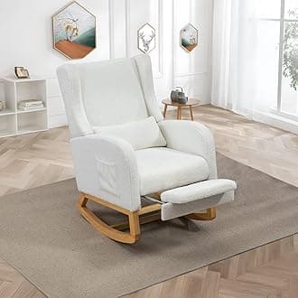Modern Rocking Chair Nursery Glider, Comfy Rocker Nursery Chair with Foot Rest, Accent Reading Armchair with Pillow and Pocket, Upholstered Lounge Rocker with Solid Wood Base for Relaxing (Ivory)
