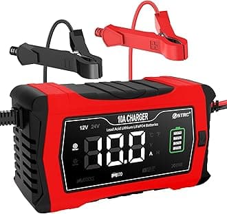 HTRC10A Car Battery Charger 12V/24V, Battery Maintainer, Trickle Charger and Battery Desulfator with LCD Screen for Boat, SUV, Motorcycle/Lithium, LiFePO4 and Lead-Acid(AGM, GEL, MF, EFB, SLA, WET)