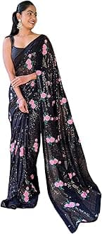 AKHILAM Women's Black Georgette Embellished Saree