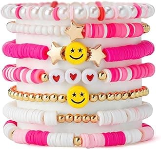 Shining Diva Fashion 7Pcs Combo Latest Stylish Beach Surfer Bracelets Set | Colorful Preppy Heishi Bracelet | Multilayer Boho Happy Smile Heart Star Stretch Beaded Bracelets | Evil Eye Stackable