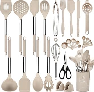 Silicone Cooking Utensils Set, 28 Pcs Kitchen Utensils Set 446°F Heat Resistant Spatula Set, Food Grade Silicone and Stainless Steel Handle Kitchen Gadgets for Nonstick Cookware BPA Free
