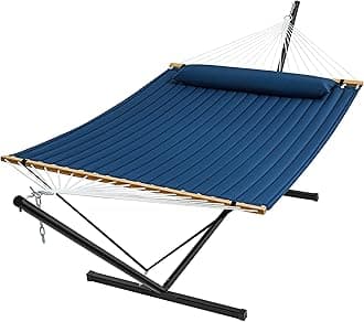 SUPERJARE Hammock with Stand, 2 Person Quilted Outdoor Hammock, Detachable Pillow & Bamboo Spreaders, Portable Hammock with Carrying Bag, Heavy Duty Stand, Perfect for Outside, Patio, Navy Blue