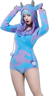 MobbunnyWomen's Fuzzy Knit Sweater Pajamas Pink Cow Print Jumpsuit Fluffy Hooded Romper Bodysuit Onesies Pajamas Adult