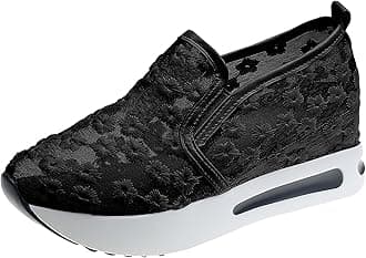 HbeyliaPlatform Wedge Fashion Sneakers for Women Embroidery Floral Mesh Air Lace Chunky Sole Hidden High Heels Slip On Loafers Walking Work Shoes Arch Support Low Top Play Sneakers Loafers