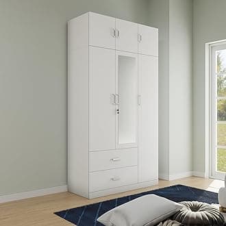 Wardrobe | Wooden Almirah for Clothes,Door for Bedroom, 3 Door Loft Wardrobe with Drawer, Mirror & Hanging Space (Frosty White - 40D x 120W x 220H) | 1 Year Warranty | Free Assembly