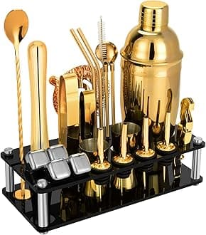 23 Piece Cocktail Shaker Set Bartender Kit with Acrylic Stand & Cocktail Recipes Booklet, Professional Bar Tools for Drink Mixing, Home, Bar, Party (Include 4 Whiskey Stones) - Gold