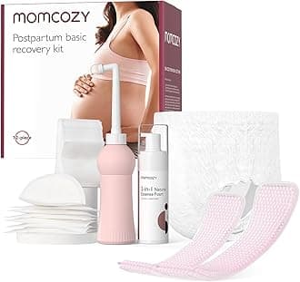 Postpartum Recovery Essentials Kit, Labor Delivery Mom Care Kit, Self-Absorbent Disposable Underwear Nursing Pads Upside Down Peri Bottle Cold Pads Cooling Foam Canvas Bag Set