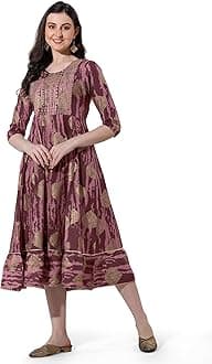MIRCHI FASHION Women's Cotton Relaxed Fit A Line Sequins Embroidery Work Foil Printed A-Line Kurti Only