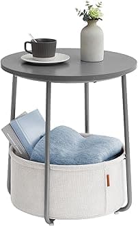 VASAGLE Small Round Side End Table, Modern Nightstand with Fabric Basket, Gray