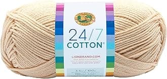Lion Brand Yarn, 24/7 Cotton Mercerized Lightweight Yarn for Knitting, Crochet, and Crafts, Ecru, 1 Pack, 185 Yards of Natural Fiber for Breathable Tops, Durable Bags, and Easy-Care Dish Cloths