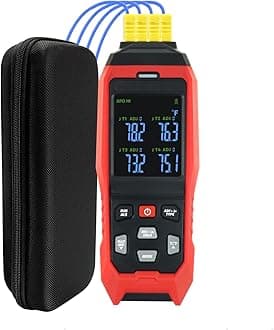 - Thermocouple Thermometer Data Logger 4 Channels Digital K Type Thermometer with 5000 Groups Programmable Temperature Recording -328~2501℉ Measuring Range, Audible & Visible Alarm ADJ Compensation