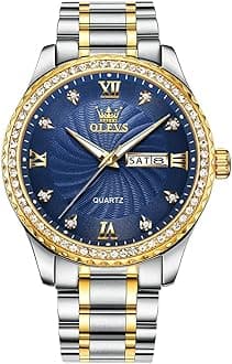 OLEVS Blue Quartz Watches for Men Big Dial Analog Wrist Watch Easy Read Roman Numeral Mens Silver Gold Stainless Steel Strap Watches with Date Water Resistant Luminous Hands Diamond Watch Men