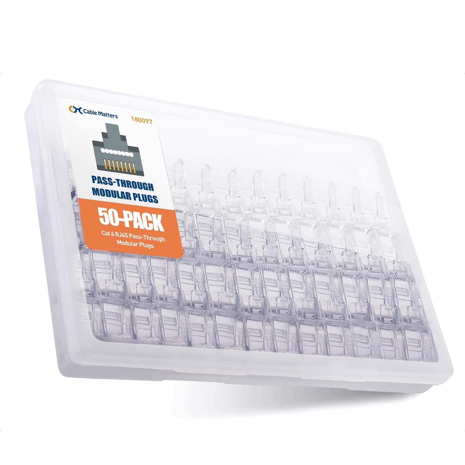 50-Pack Cat 6 Pass Through RJ45 Connectors, 50µ Gold Plated (Cat 6 Ends / Cat6 Connector /RJ45 Modular Plugs/Ethernet Plugs/Network Connector) for Solid or Stranded UTP Ethernet Cable