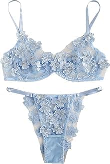 Floerns Women's Sexy Applique Lace Underwire Bra Top and Thong Lingerie Set