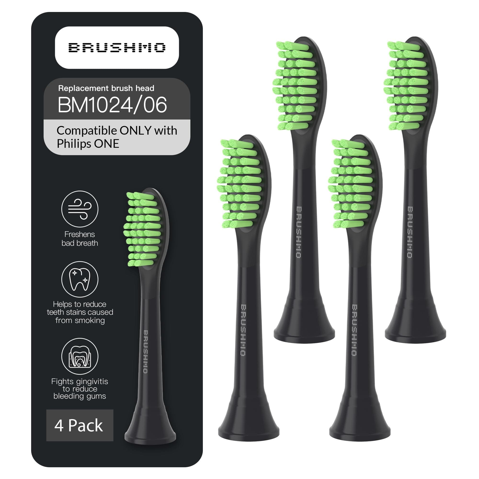 Brushmo Replacement Toothbrush Heads, Compatible with Philips One for Sonicare Electric Toothbrush Handles HY1022, 4 Standard Heads with Tongue Cleaner, Soft Dupont Bristles, BM124m, Shadow Black