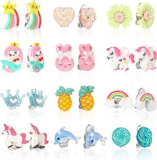 picidae12 Pairs Kids Clip On Earrings for Girls, No Pierced Design Earrings, Rainbow Earrings for Kids, Princess Clip-on Earrings, Clip On Earrings Stud Set, Dress Up Princess Jewelry Accessories