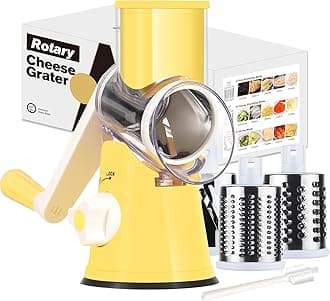 Cambom Rotary Cheese Grater Hand Crank Cheese Shredder for Fresh Cheese, Vegetable, Nuts,Non-slip Suction Base, Free Cleaning Brush Three Blades,Yellow