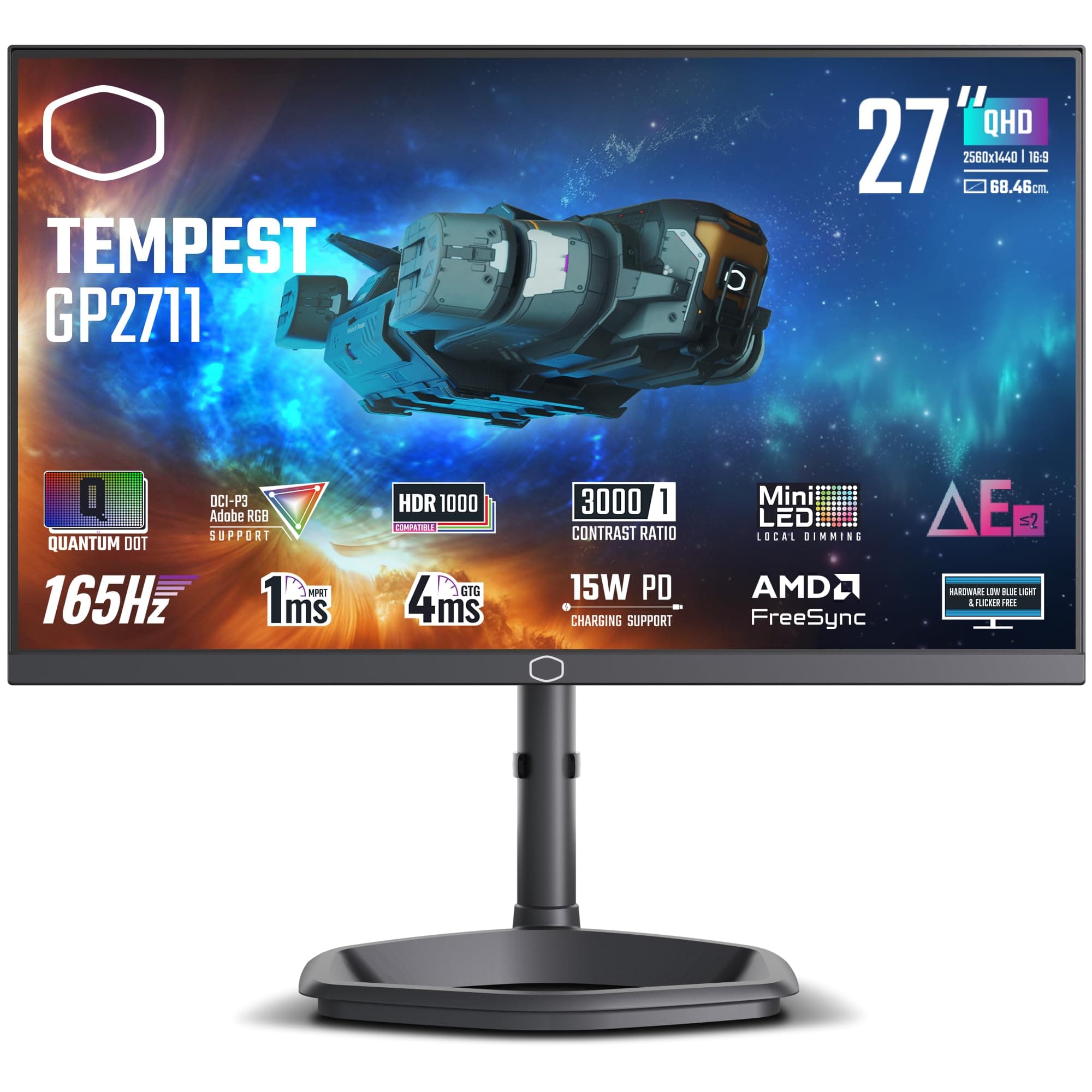 Cooler Master Tempest GP2711 27” 2K 165Hz Mini LED VA Quantum Dot QHD 2560 x 1440 PC Monitor, HDR1000, 4ms (GtG)|1ms (MPRT), DCR, FreeSync Premium, DP1.4 * 1, HDMI2.0 * 2, USB C*1, KVM
