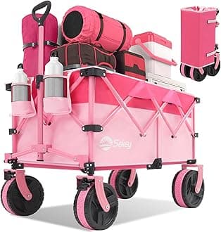 Sekey 220L Wagons Carts Foldable with Big All-Terrian Beach Wheels, Collapsible Heavy DutyWagon with Cup Holders, Extra Large Folding Wagon,Foldable Wagon for Camping, Garden, Sports.Pink