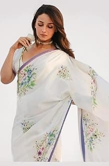SATAZ Women's Ready to Wear White Floral Satin Silk Alia Bhatt Printed Saree With Unstitched Blouse