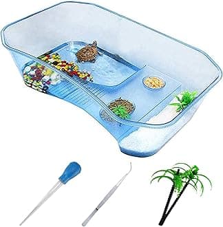 PINVNBY Plastic Turtle Tank Reptile Habitat Pet Terrariums Turtles Tank Aquarium Terrapin Topper Basking with Platform Plants,Durable,Safe, Non-Toxic(Blue)