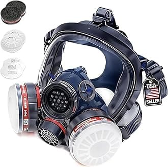 Full Face Organic Vapor Respirator - Protective Eye & Nose Shield with Anti-Fog Heavy Duty Lens & Adjustable - Chemical, & Particulate Respirator. Includes 2 Filter Cartridges - Industrial Grade