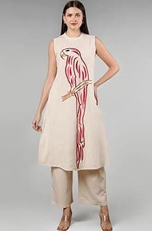 Women's Cream Color Khadi Cotton Kurti with Traditional Dancer Doll Embrodery Work, V-Neck, 3/4 Sleeves, Casual Wear Kurta Set