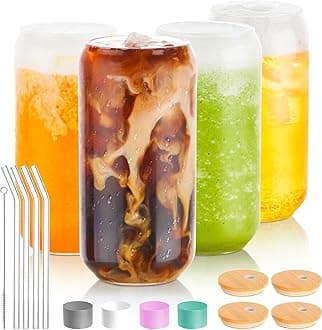 BEWAVE Drinking Glass Set of 4, 16oz Can Shaped Glasses Cups, Iced Coffee Glasses, Beer Tumbler, for Whiskey, Soda, Tea, Juice, Gift, with Lid, Straw
