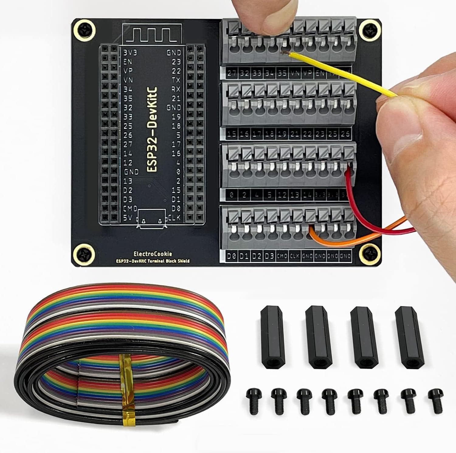 ElectroCookie ESP32 Terminal Block Shield Kit, Compatible for ESP32-DevKitC, Push-in Simple Spring Connector Expansion PCB Module