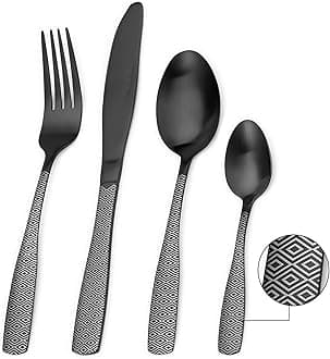Tableware Set - Stainless Steel Flatware & Silverware Set for 4, Dishwasher Safe & Easy Clean (Black Diamond, 32P)