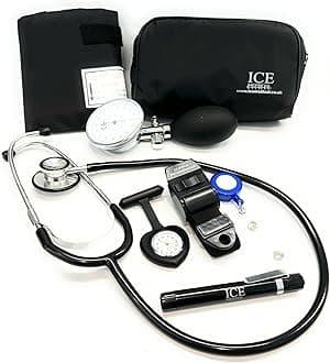 Aneroid Blood Pressure Sphygmomanometer Monitor, Stethoscope, Pen Light (Pen Torch), Tourniquet, Nurse Watch, Lanyard ID Card Holder - Starter Set (Black with Heart Watch)