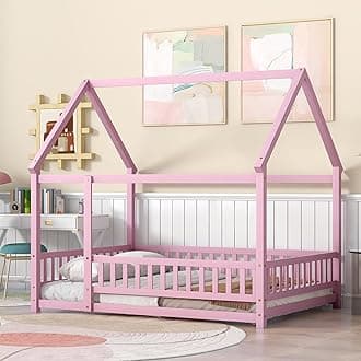 Full Size House Bed Frame for Kids,Wooden Montessori Floor Bed with Fence and Roof,Floor Bed Frame Full Size, Full Bed Frame for Girls,Boys(Full,Pink)