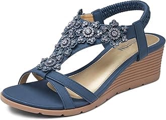 TEMOFON Women's Low Wedge Heels Summer Dressy Platform Sandals Elastic Ankle Strap Open Toe Flower Shoes