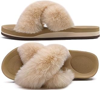 Womens Fuzzy Slides Fluff Faux Fur Cross Slippers Open Toe Yoga Mat House Slipper Sandals With Arch Support For Indoor/Outdoor