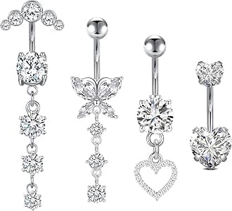 14G Dangle Belly Button Rings - Surgical Steel Silver and Rose Gold CZ Piercing Jewelry for Women
