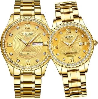 Watches for Couples Diamond Luxury Men and Women His and Hers Pair Watch Set Husband Wife Valentines Matching Wrist Watch Wedding Gifts Day Date Waterproof Quartz Analog NIBOSI