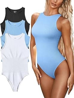 FUNNYBSG Women’s Sexy Ribbed Bodysuit Tops - 3 Piece Sleeveless Halter Neck Bodysuits with Tummy Control (Color : Black Candyblue White, Size : L)