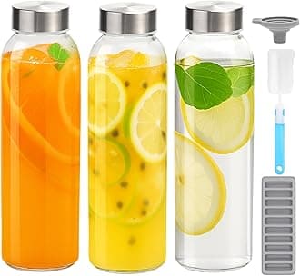 Glass Water Bottles with Lids 24 oz, 3 Pack Reusable Juice Bottles With Stainless Steel Airtight Cap for Juicing, Leak Proof Clear Drinking Jar Beverage storage container for Fridge, BPA Free