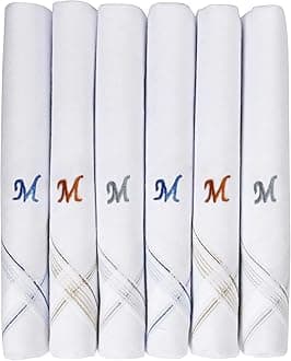 Men's Personalized Initial Monogram Handkerchief (A-Z) Embroidered 100% Pure Cotton Pocket Square, Elegant Soft and Absorbent for Everyday Use or Gift, White, 46 x 46 cm, pack of 6