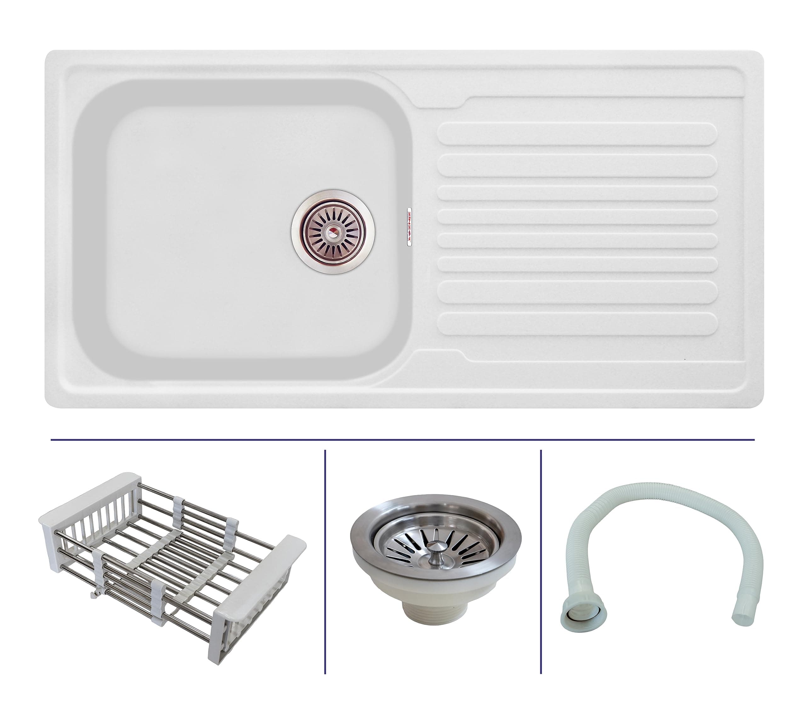 Quartz Sink for Kitchen in Metallic finish | German Engineerd Single Bowl Drainboard Granite sinks | Kitchen Sink with Drain Coupling, Hose Pipe and Drainer Basket (White - 36x18 Inches)