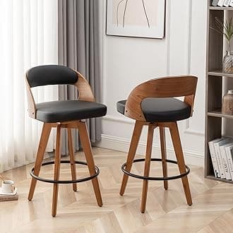 Barstools Set of 2,Counter Height Bar Stools for Kitchen Island,26.8 Inch Modern Upholstered Bar Chair, Swivel Counter Stools with Wood Back and Bamboo Legs (Black-PU)