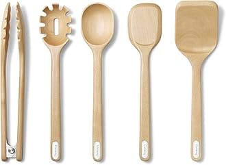Caraway Wooden Utensil Set - 5 Piece Cooking Utensil Set - Spoon, Server, Scraper, Spatula, & Tongs - Made From FSC-Certified Birch Wood - No Microplastics