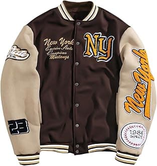 GORGLITTER Men's Letter Graphic Varsity Jacket Long Sleeve Striped Trim Button Bomber Jackets