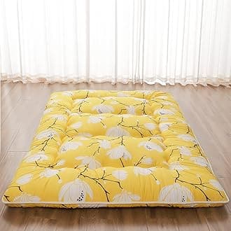 Japanese Floor Mattress, Futon Mattress with Portable Storage Bag and Washable Cover, Roll Up Thick Tatami Mat Suitable for Camping, Guest Room, Yellow Flower, Queen